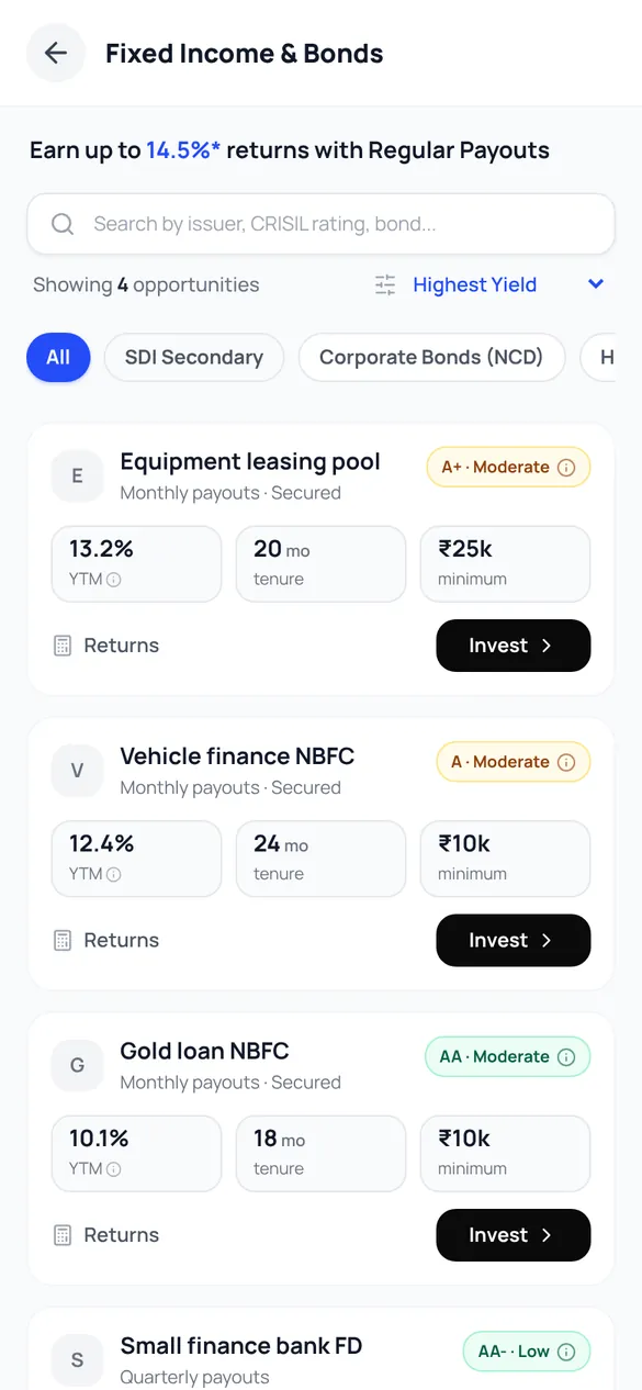Fixed income and bonds screen listing bond offers with yield, tenure, rating and minimum investment