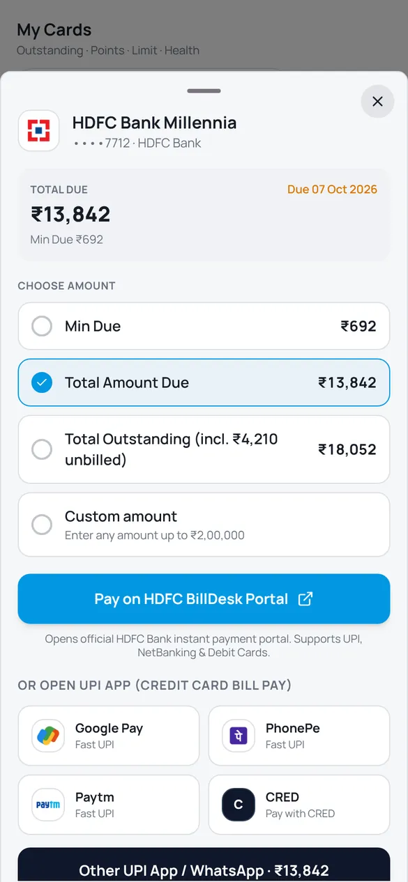 Card bill payment sheet with total due, minimum due, due date and payment options