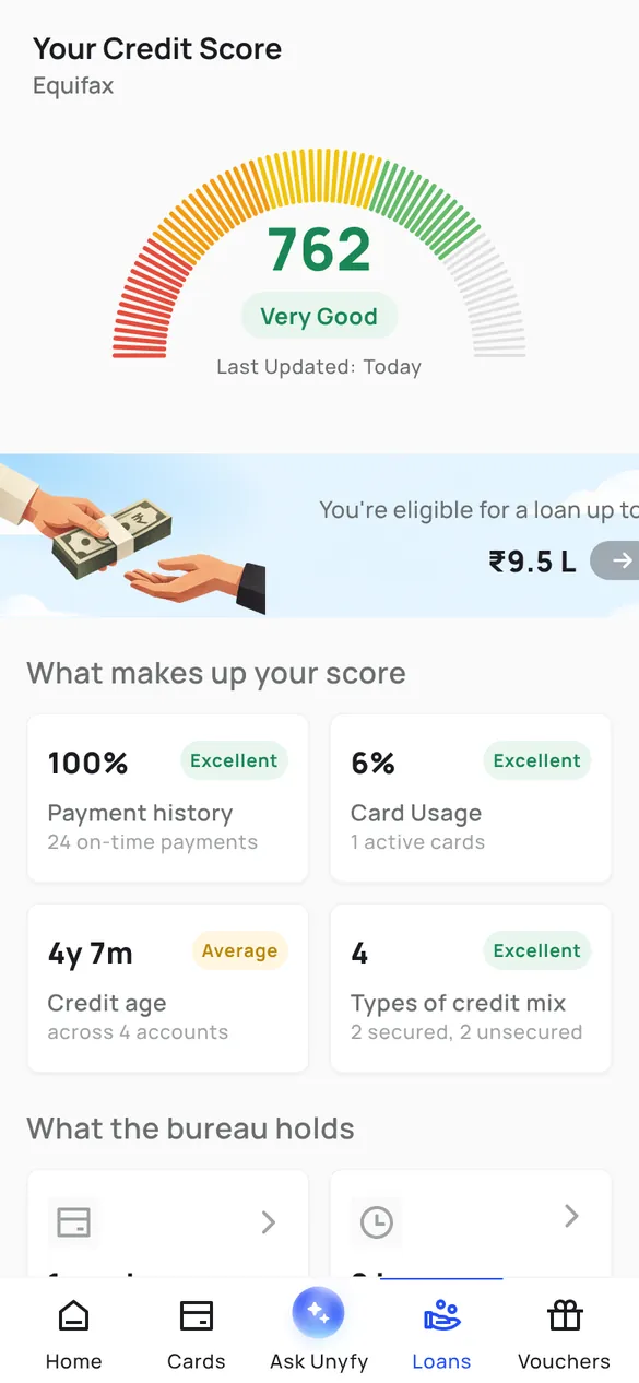 Credit score screen with an Equifax score gauge and the factors behind it