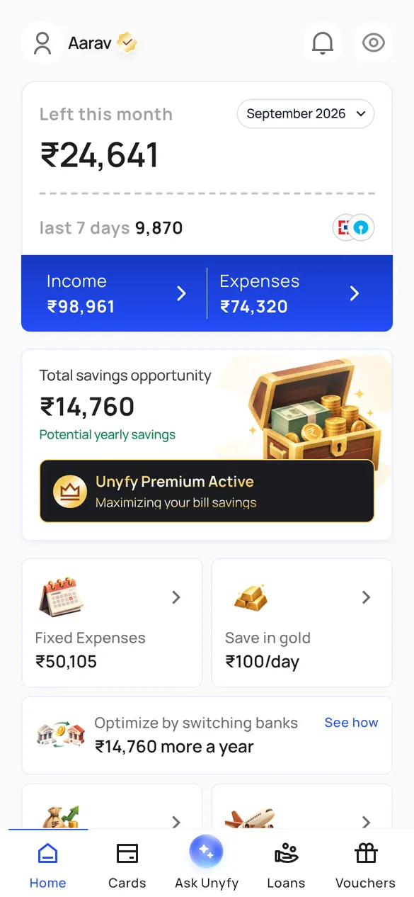 Unyfy home screen with money left this month, income, expenses and spending over the last seven days